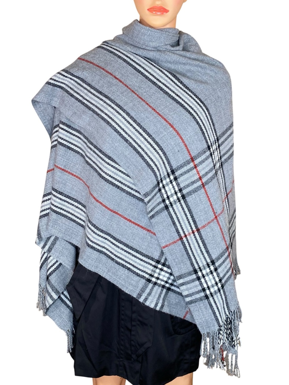 V. FRAAS Dark Academia Plaid Scarf Gray Black Burgundy Long Elegant Fringed
